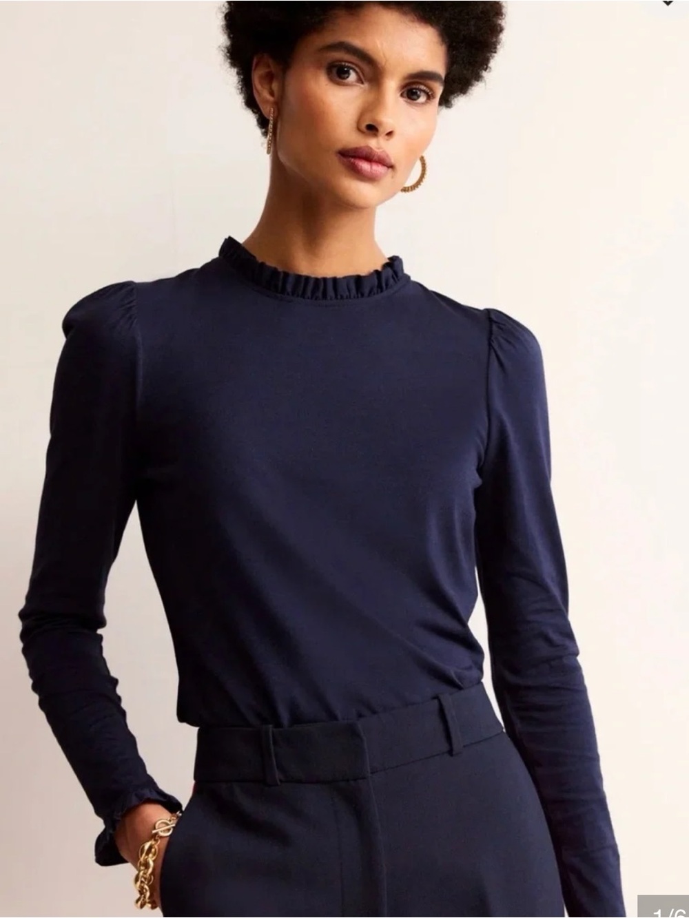 Boden Navy Ruffle Neck Long-Sleeve Tee